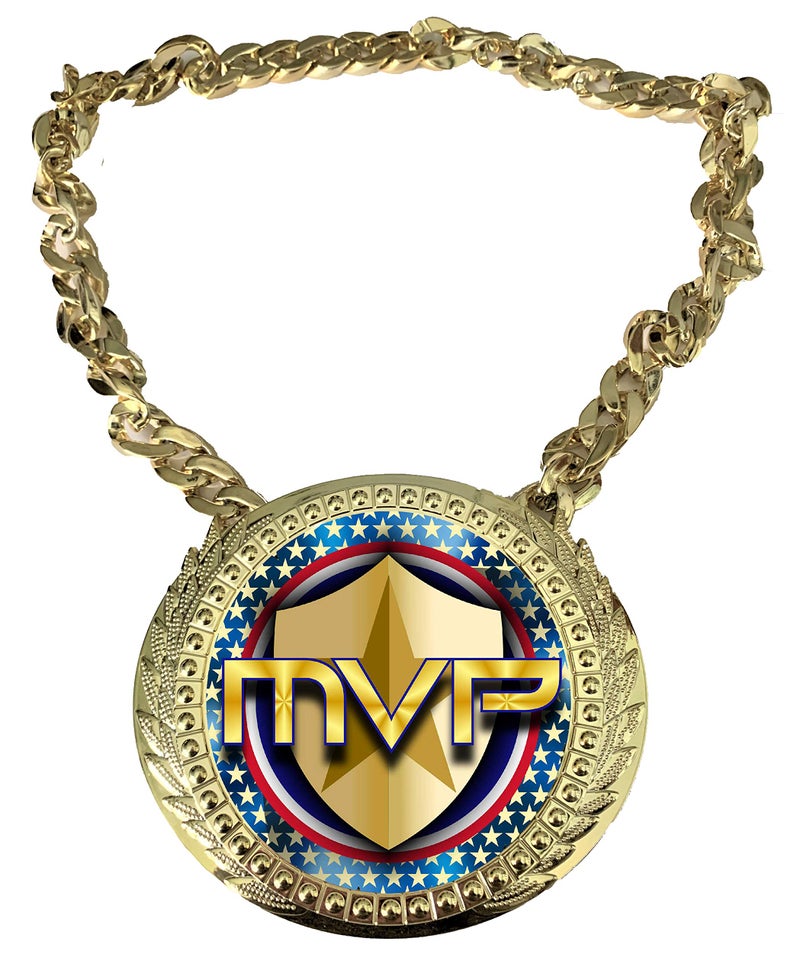 Express Medals MVP Most Valuable Player Champ Chain Trophy Award with a Center Plastic Plaque Plate Measuring 6 by 5.25 Inches and Includes a 34 Inch Plastic Chain with Black Velvet Presentation Bag. - Image 1